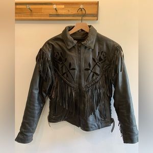 Vintage fringe black leather with rose inlay. Incredible condition and unique!